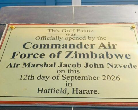 Photographed and filed as evidence, the plaque states that “this golf estate” was officially opened by the commander of the Air Force of Zimbabwe, Air Marshal Jacob Nzvede on 12 September 2026
